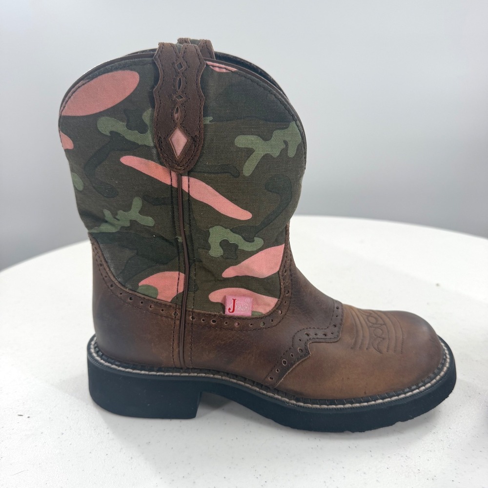 Justin Gypsy Cowgirl Boots Brown Leather Pink Camo L9913 Womens 7B Round Toe - Picture 2 of 9